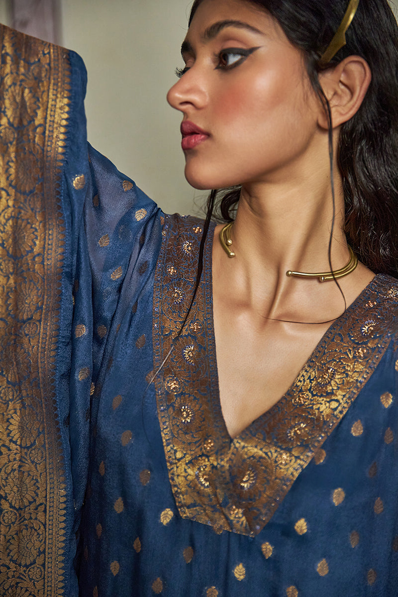 Women's Blue Opal Bemberg Chinon Silk Woven Kaftan Set