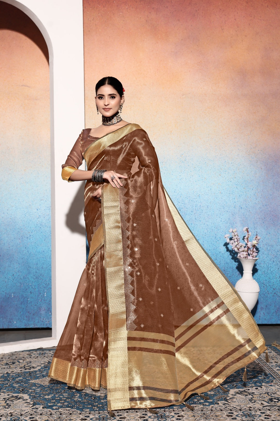 Dhiyona GR Women's Kalki Brown Tissue Cotton Silk Saree