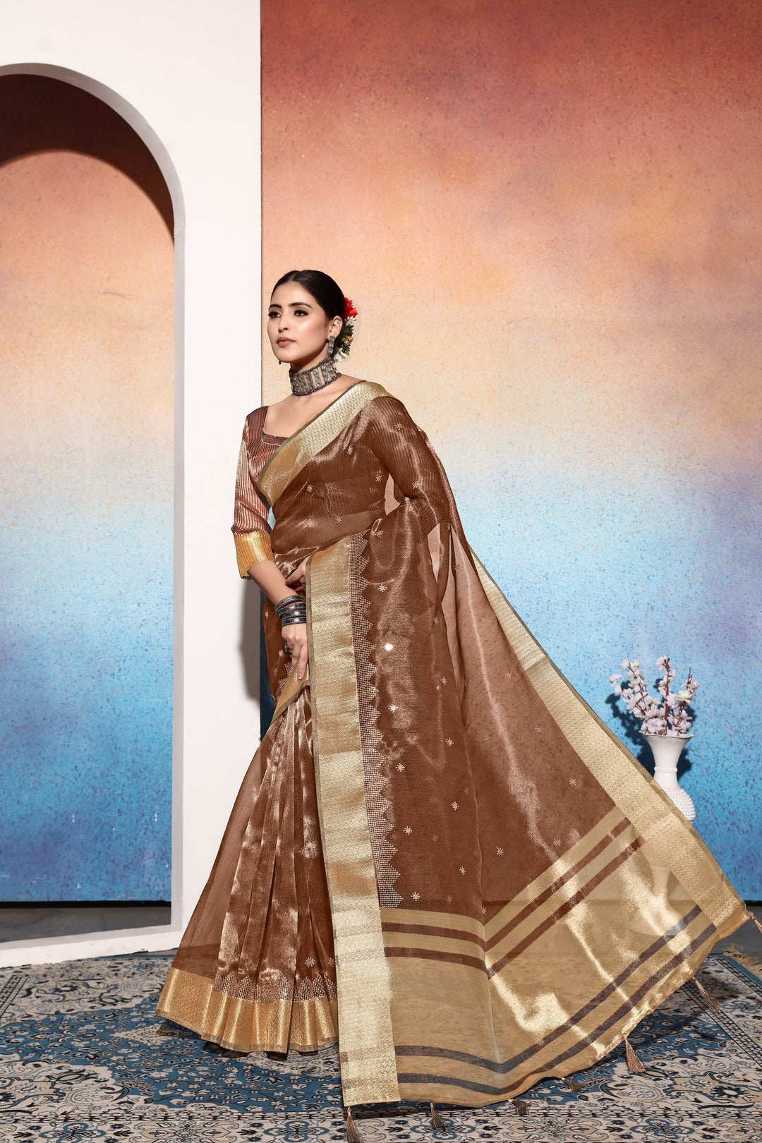 Dhiyona GR Women's Kalki Brown Tissue Cotton Silk Saree
