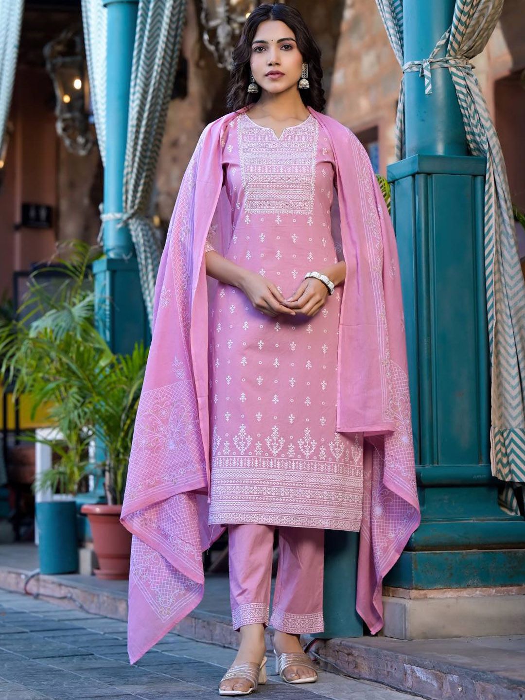Dhiyona VA Women'sEthnic Motifs Printed Mirror Work Pure Cotton Kurta With Trouser & Dupatta
