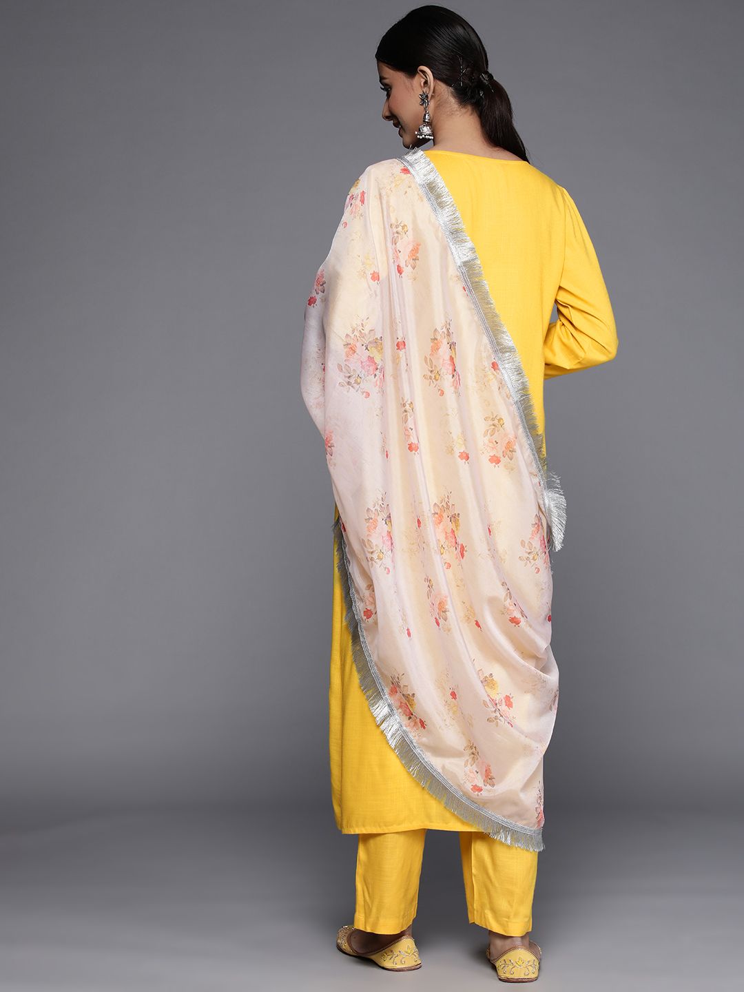 Dhiyona VA Women's Yellow Yoke Design Mirror Work Kurta with Trousers & Dupatta