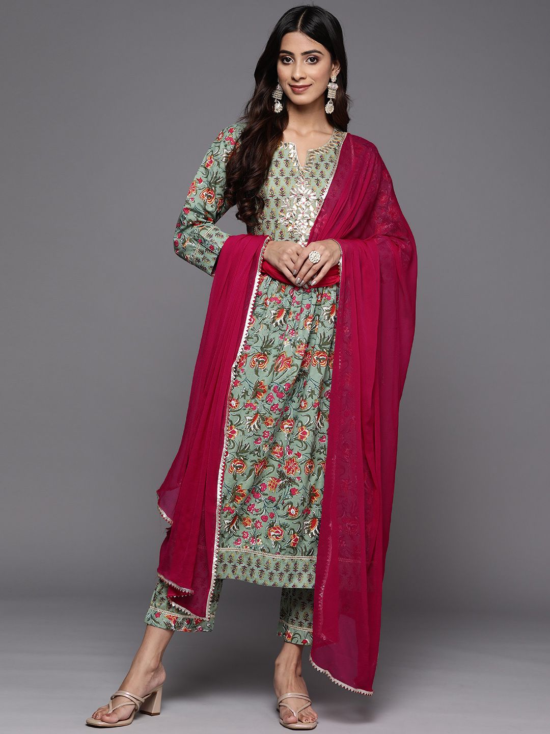 Dhiyona VA Women'sGreen & Pink Floral Print Pure Cotton Kurta with Trousers & With Dupatta