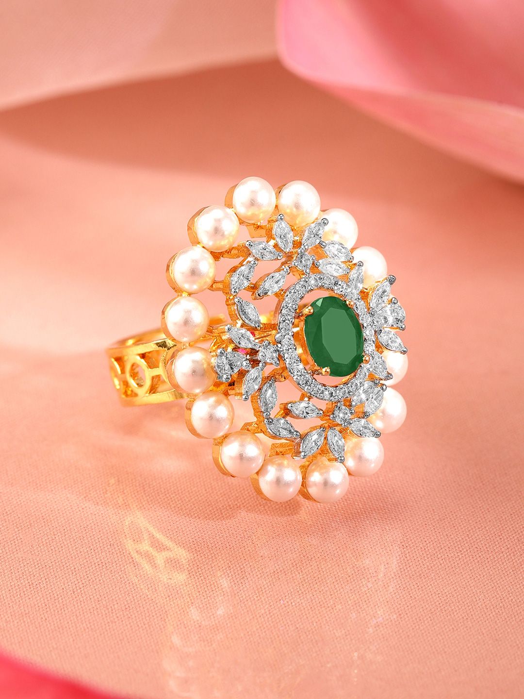 Dhiyona RJ Women's 22K Gold Plated Emerald Green Cubic Zirconia & Pearl Beaded Adjustable Finger Ring
