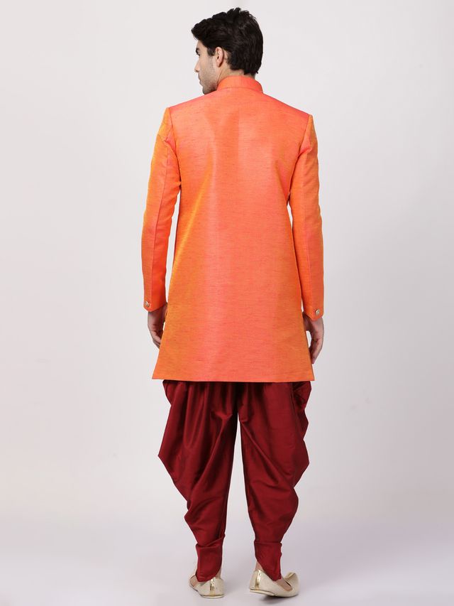 Men's Orange Silk Blend Straight Sherwani Set