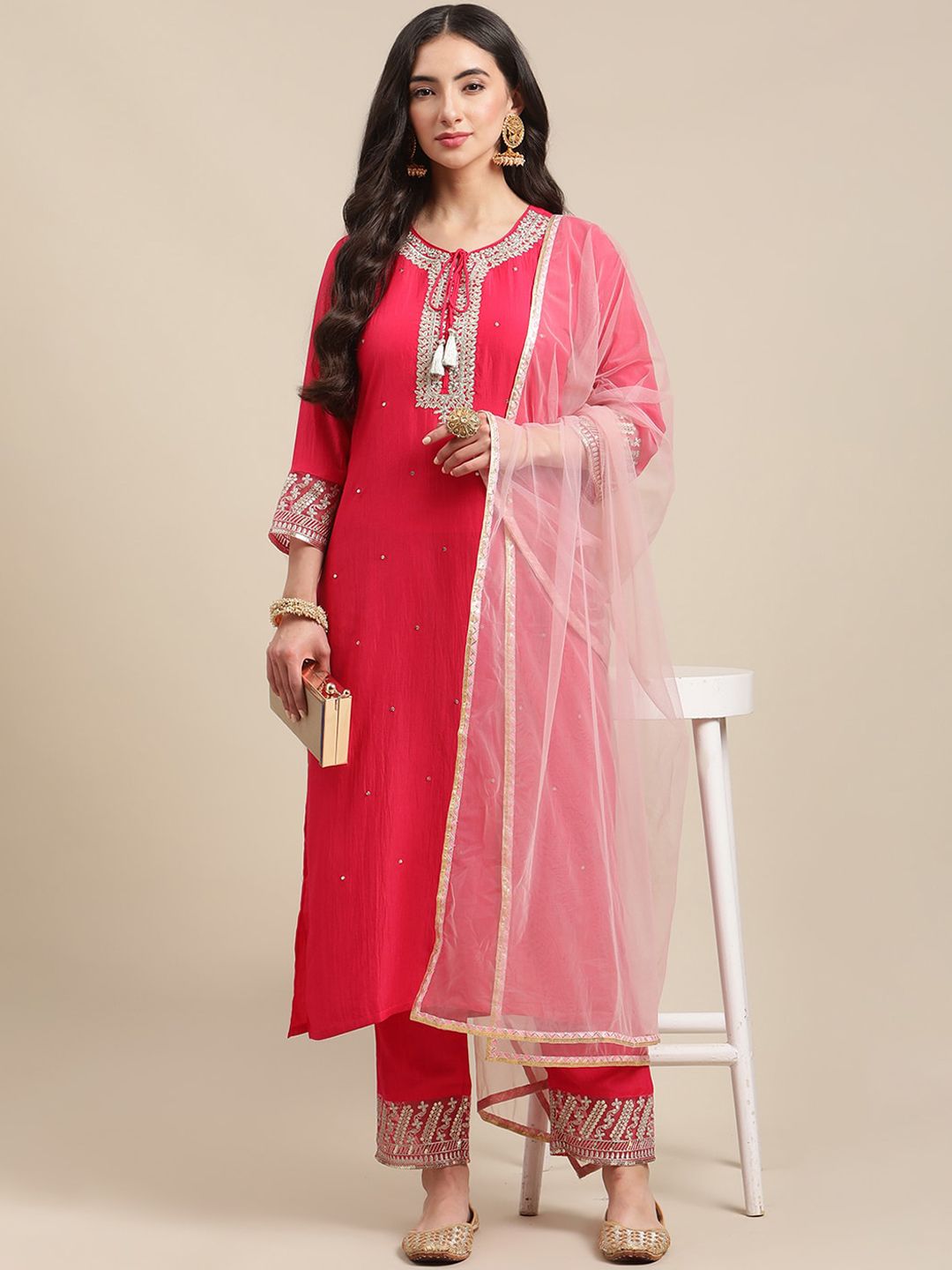 Dhiyona VA Women's Pink Ethnic Motifs Straight Kurta with Trousers & Dupatta