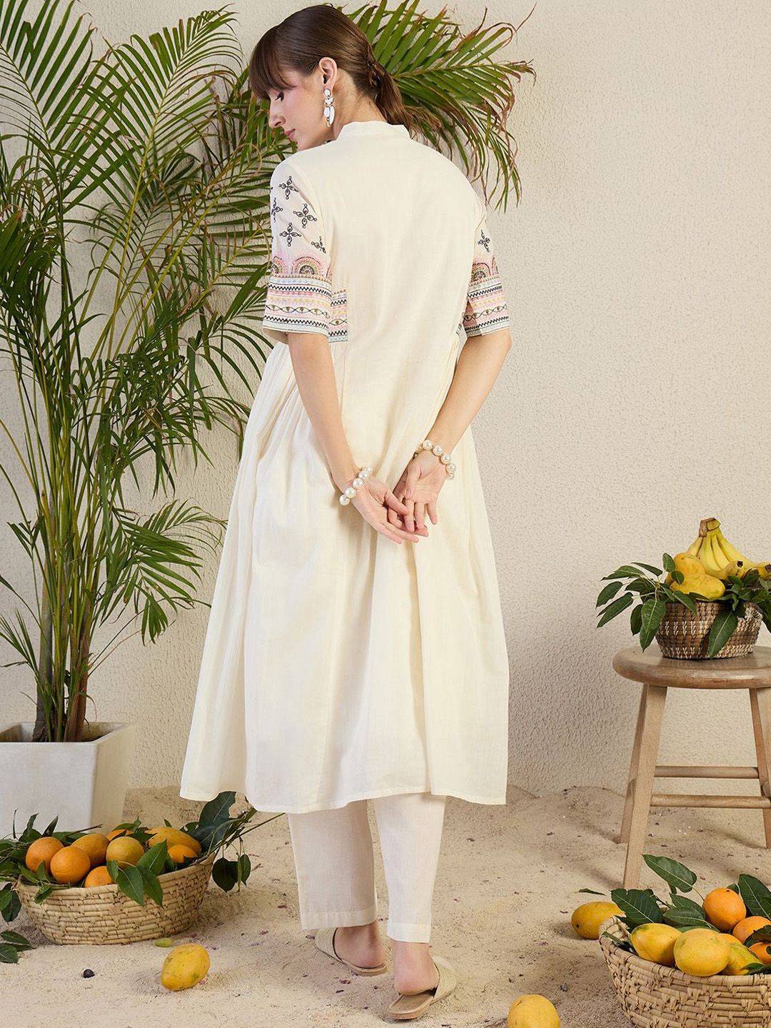 Dhiyona IE Women Ethnic Motifs Embroidered Sequinned Pure Cotton A-Line Kurta with Trousers