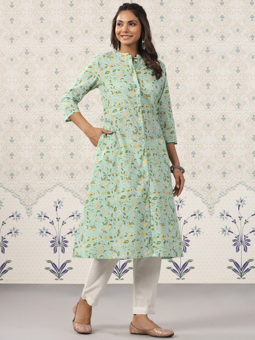 Dhiyona OD Floral Printed Band Collar Pure Cotton Kurta
