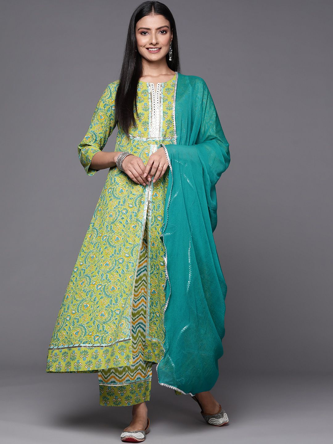 Dhiyona VA Women's Green Floral Printed High Slit Mirror Work Pure Cotton Kurta with Palazzos & With Dupatta