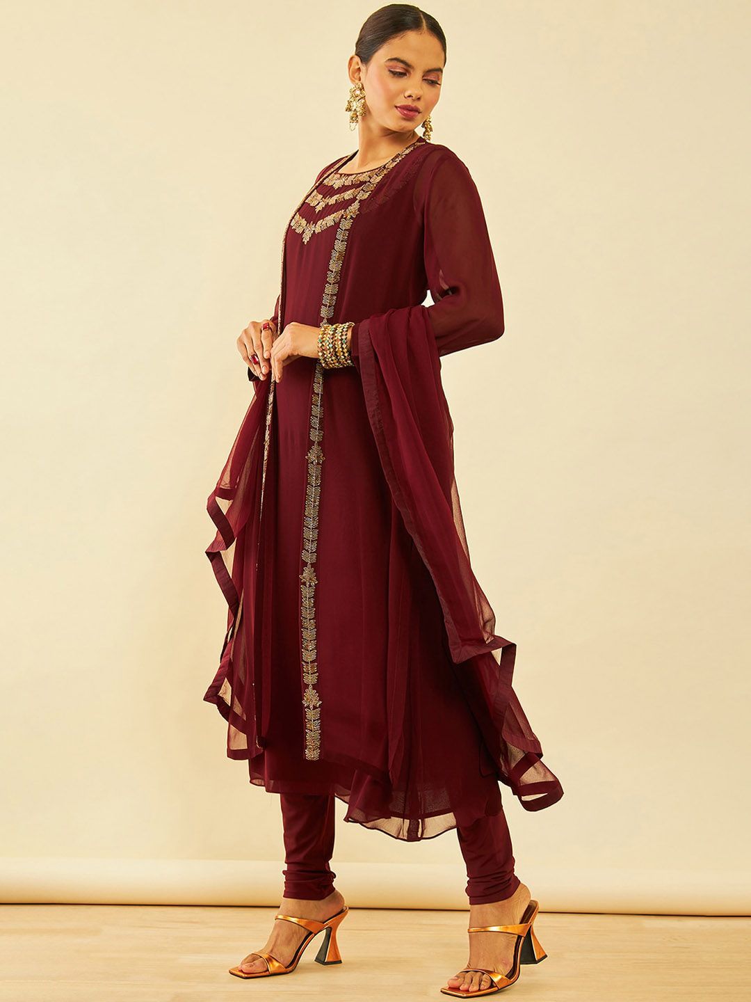 Dhiyona SO Women's Maroon Embellished Regular Beads and Stones A-Line Kurta with Churidar & With Dupatta