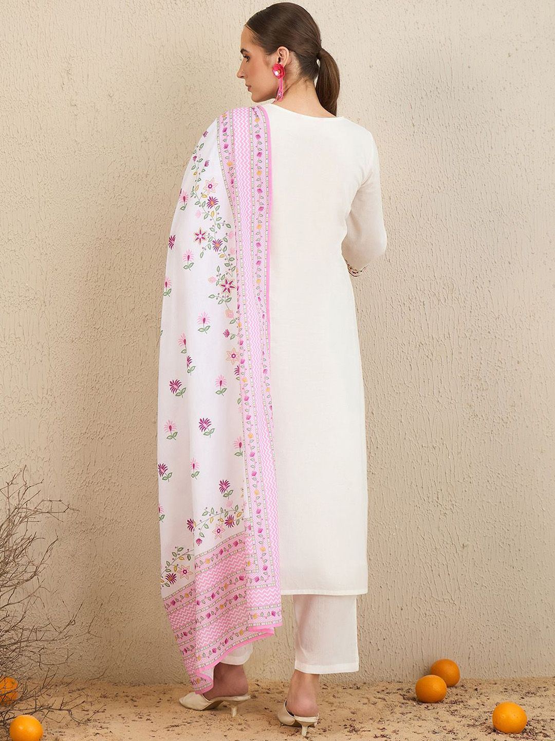 Dhiyona IE Floral Embroidered Thread Work Pure Cotton Straight Kurta With Trousers & Dupatta