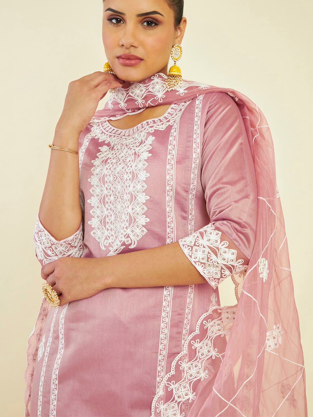 Dhiyona SO Women's Ethnic Motifs Embroidered Panelled Chanderi Silk Kurta with Palazzos & Dupatta