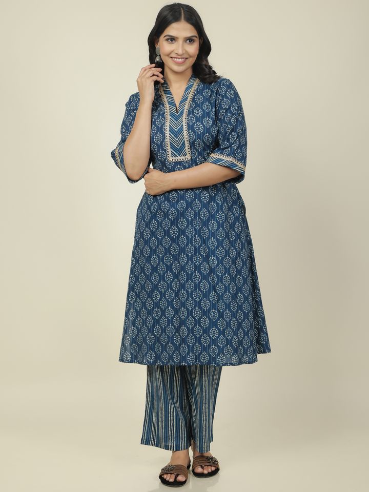 Women's Cotton Blue Straight Kurta Set