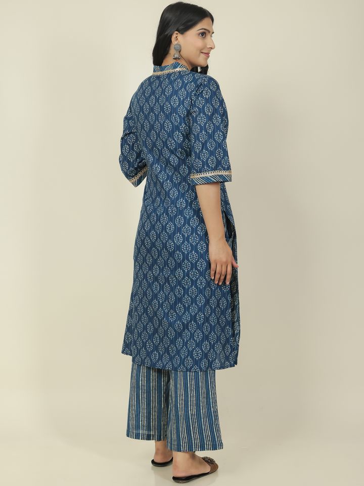 Women's Cotton Blue Straight Kurta Set