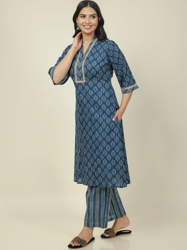 Women's Cotton Blue Straight Kurta Set