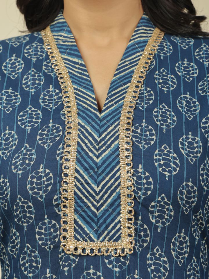 Women's Cotton Blue Straight Kurta Set