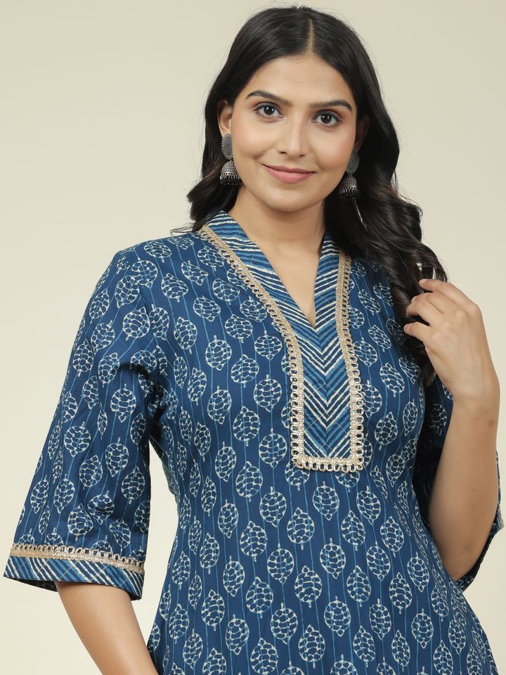 Women's Cotton Blue Straight Kurta Set