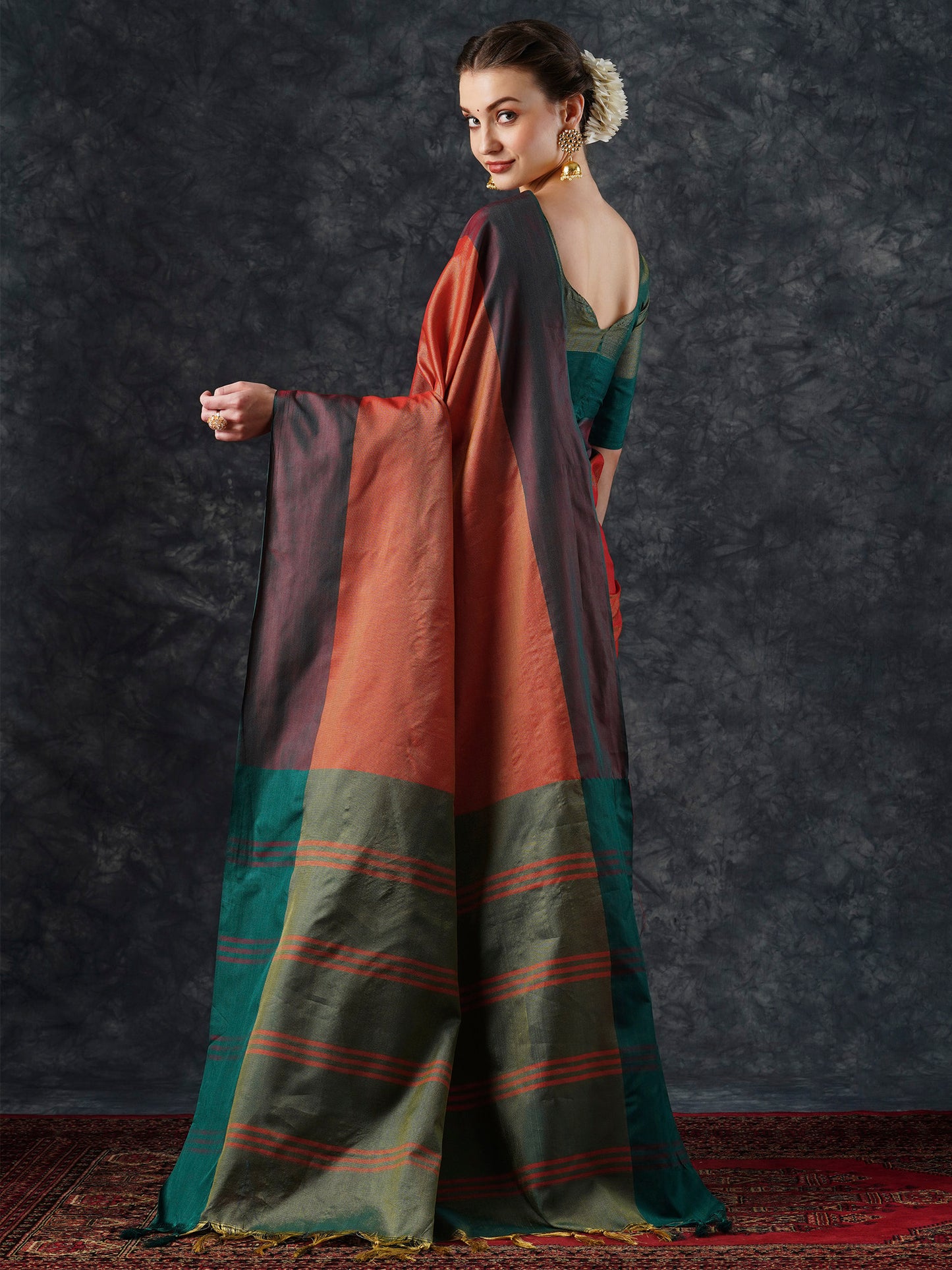 Women's Aura Silk Orange Woven Design Designer Saree With Blouse Piece