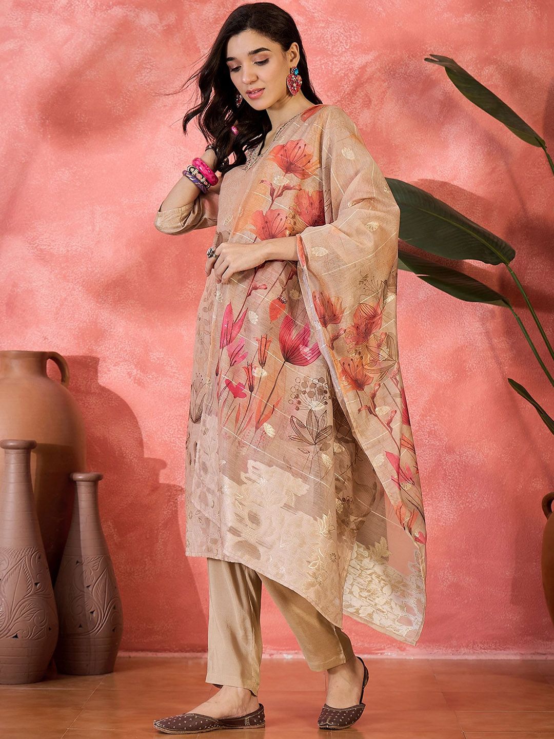Dhiyona SN Women's Floral Printed V-Neck Jacquard Chanderi Silk Straight Kurta With Trouser & Dupatta