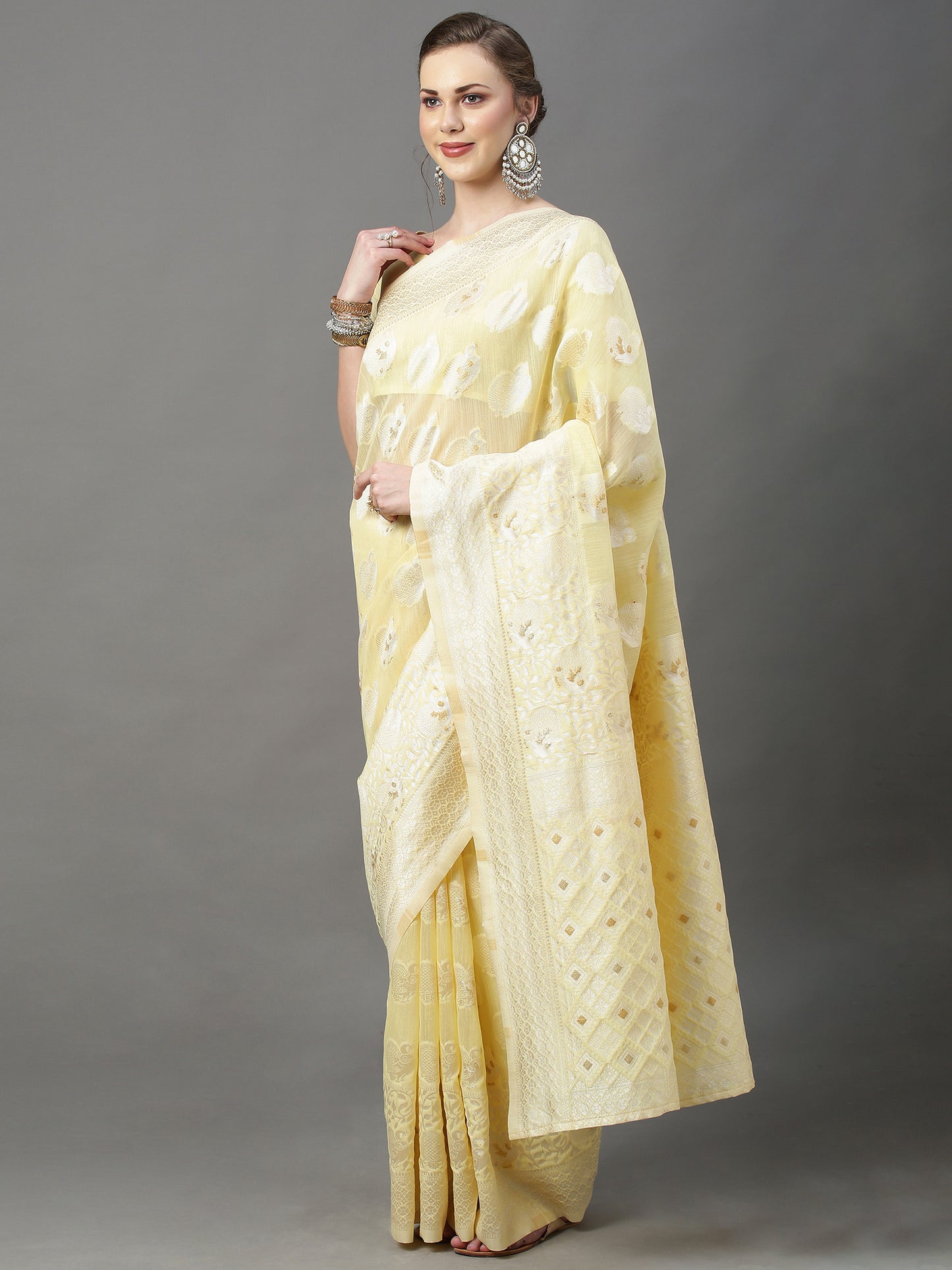 Women's Cotton Silk Yellow Woven Design Woven saree With Blouse Piece