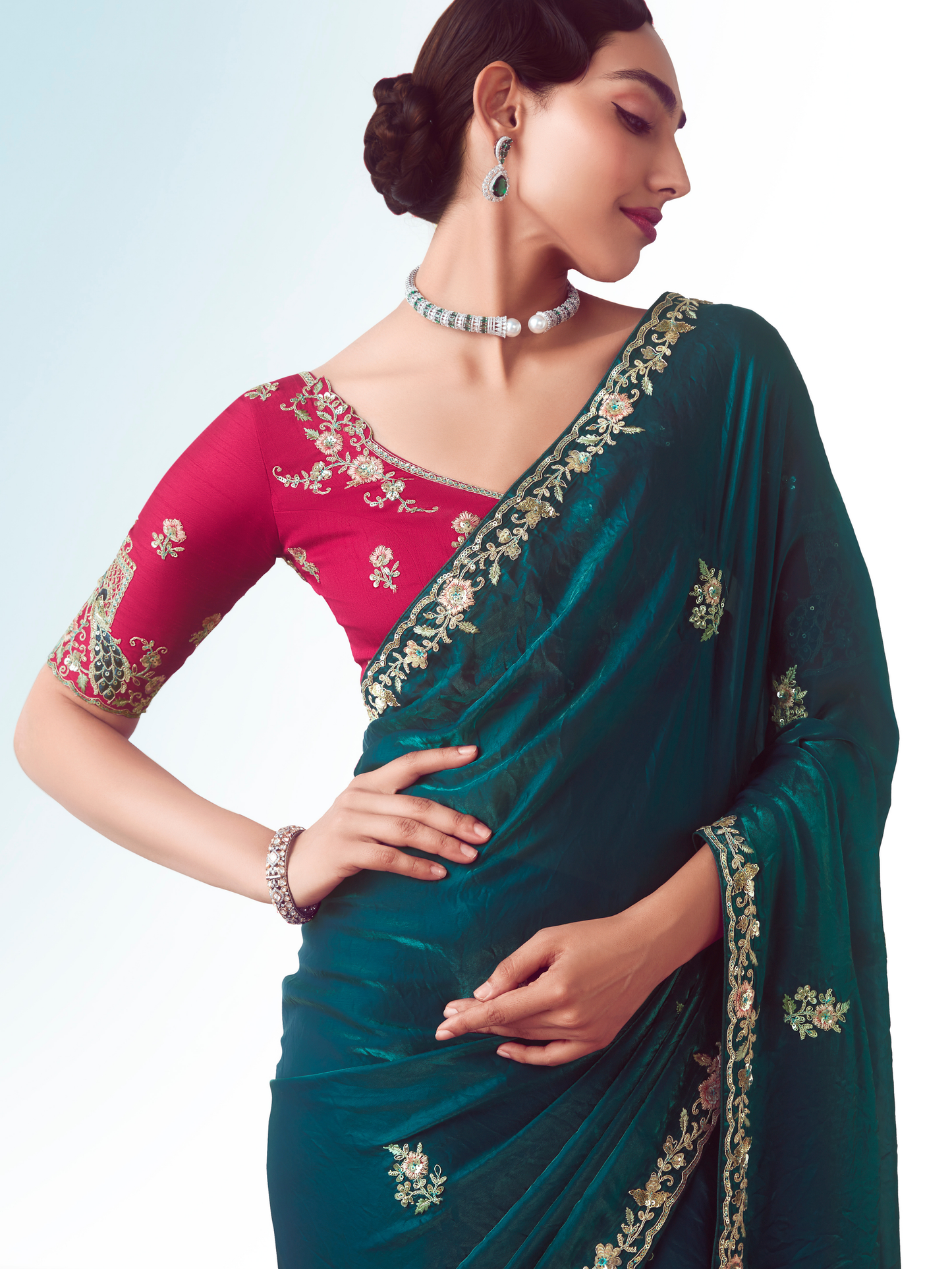 Dhiyona KM Women Teal Silk Saree Partywear Saree