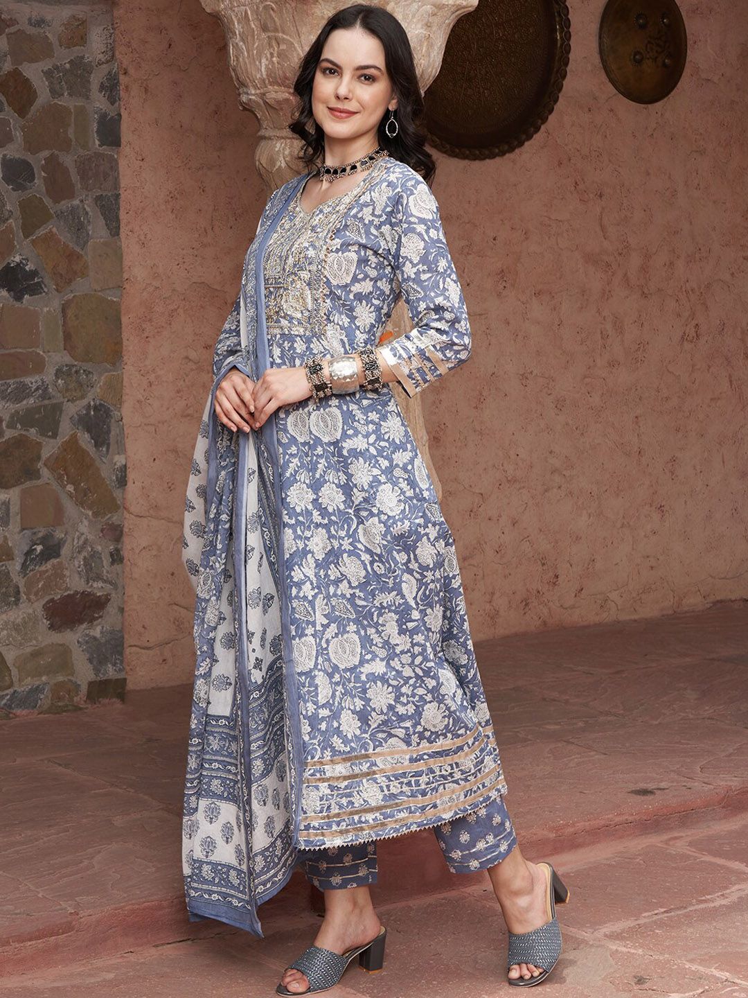 Dhiyona SN Women's Blue Printed Thread Work Pure Cotton Empire A-Line Kurta with Trousers & Dupatta
