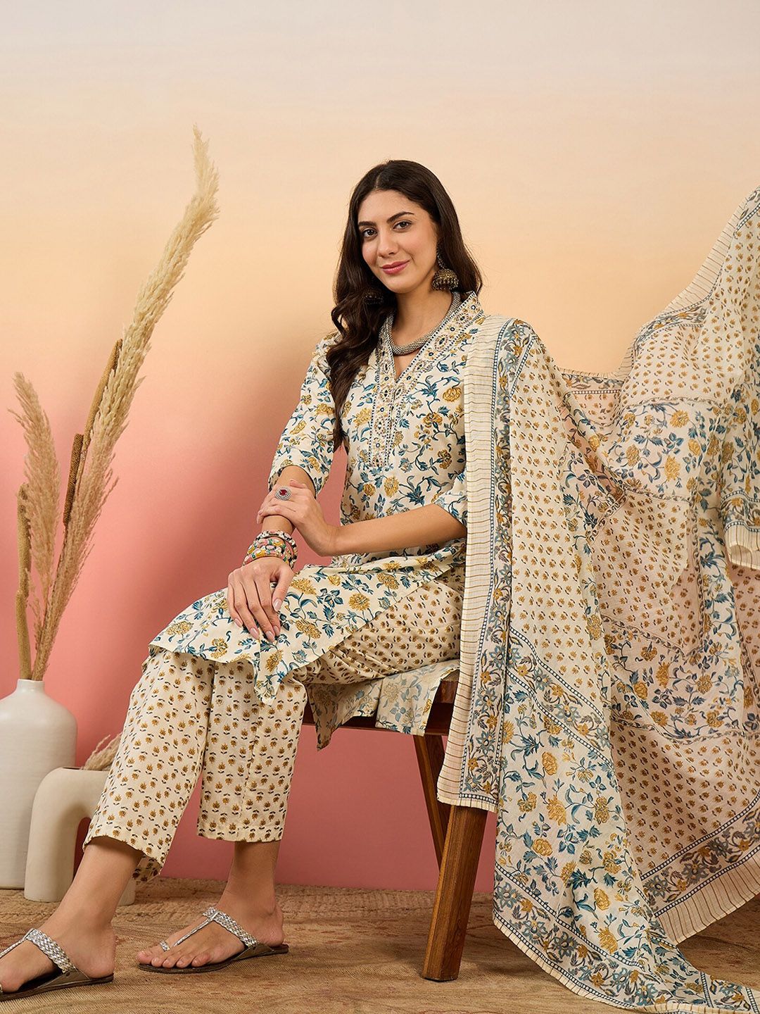 Dhiyona SN Women's Floral Printed Pure Cotton V Neck Kurta With Trousers & Dupatta
