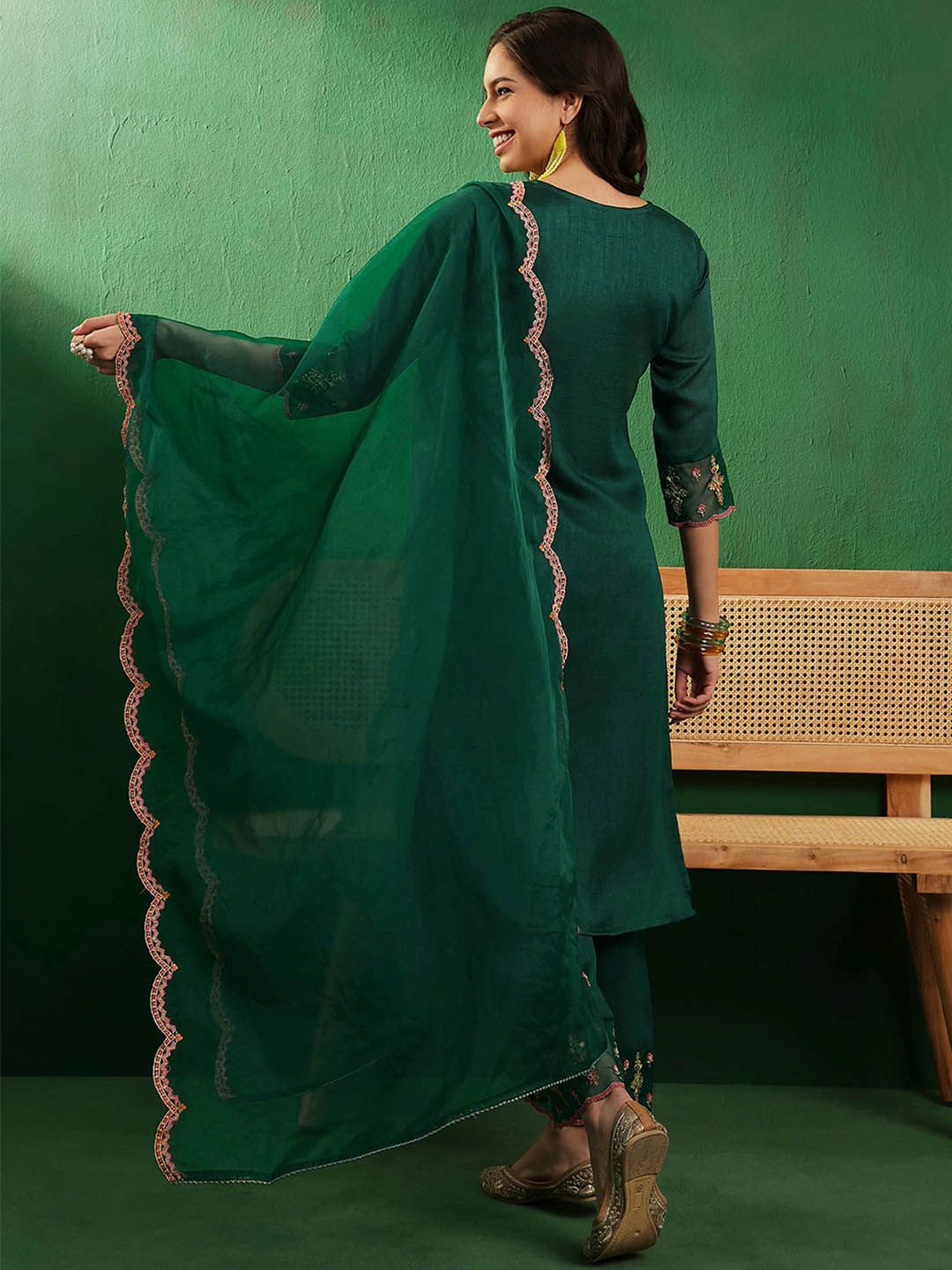 Dhiyona SN Women's Teal Green & Pink Embroidered Straight Kurta With Palazzos & Dupatta