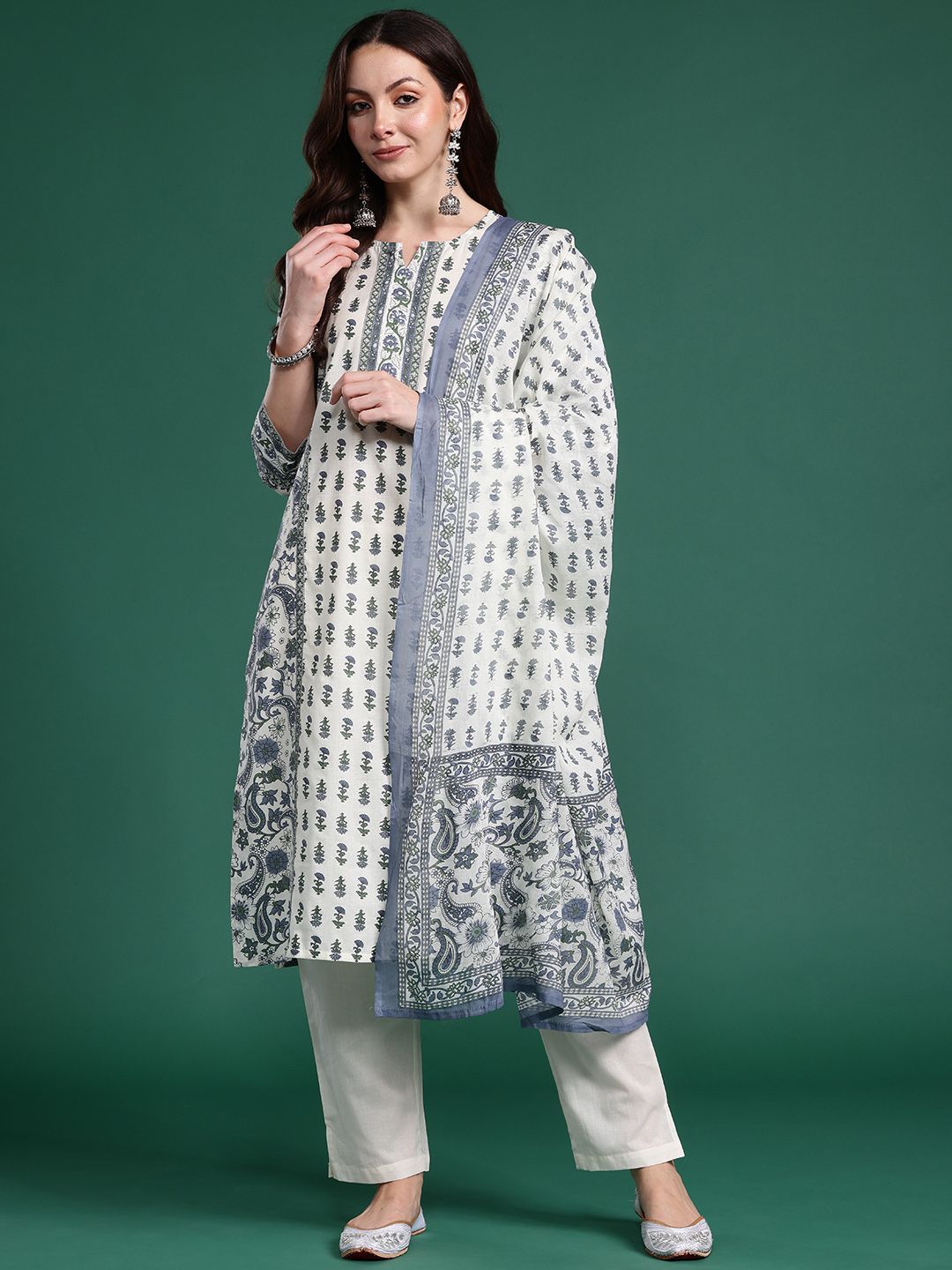 Ethnic Motifs Printed Panelled Pure Cotton Kurta with Trousers & Dupatta