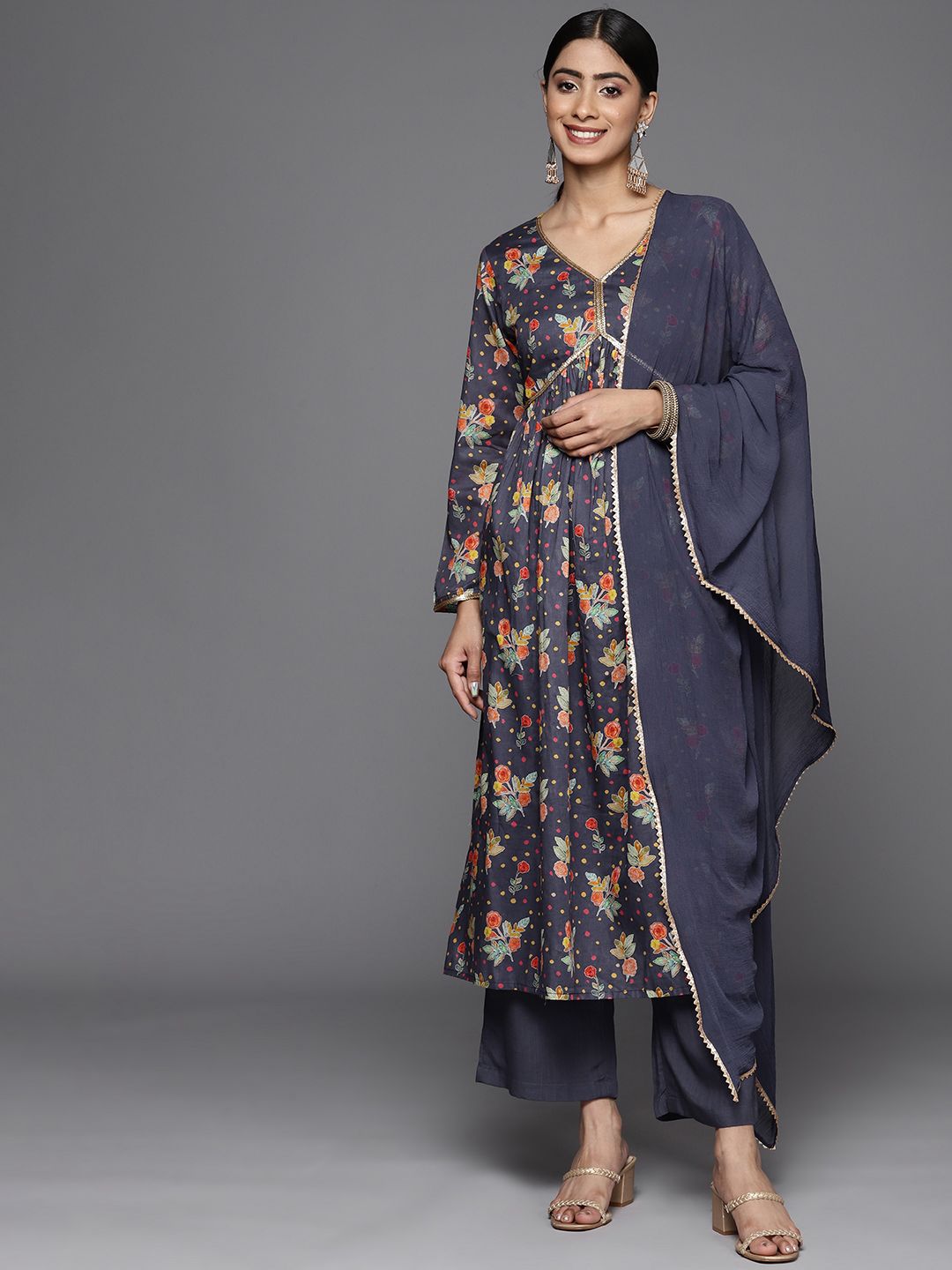 Dhiyona VA Women'sFloral Printed Empire Sequinned Pure Cotton Kurta With Palazzos & With Dupatta