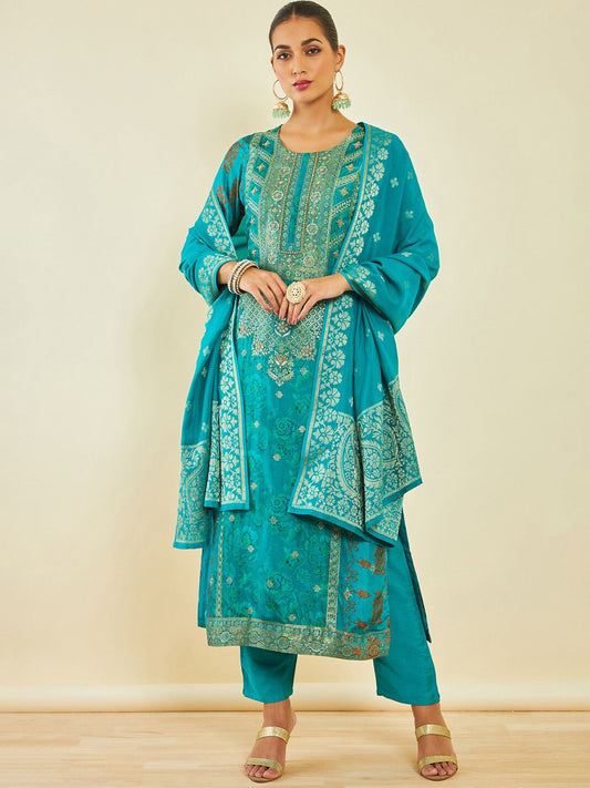 Dhiyona SO Women's Turquoise Blue Floral Printed Regular Beads and Stones Kurta With Trousers & Dupatta