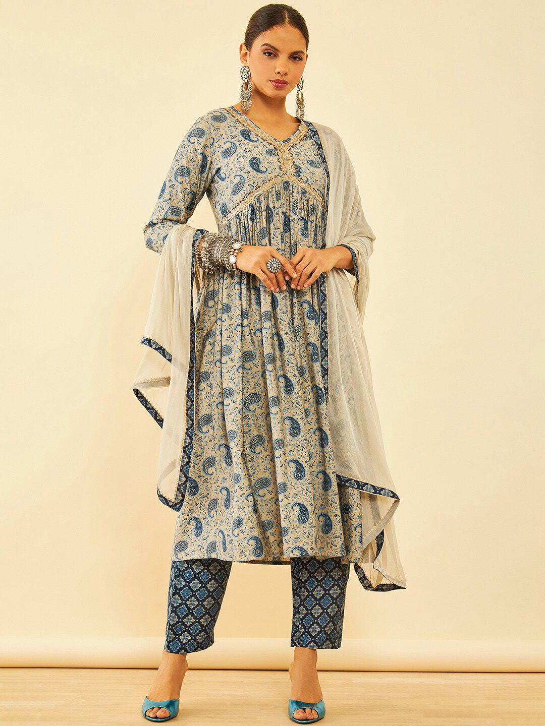 Dhiyona SO Women's Blue Paisley Printed Sequinned A-Line Kurta with Trousers & Dupatta