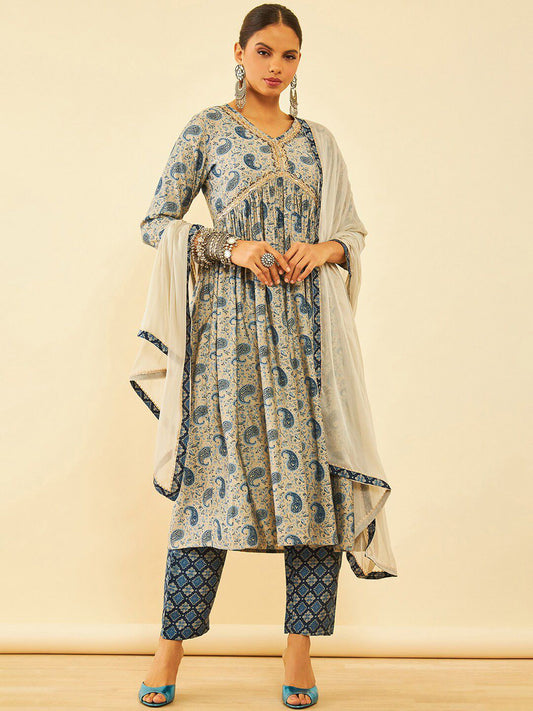 Dhiyona SO Women's Blue Paisley Printed Sequinned A-Line Kurta with Trousers & Dupatta