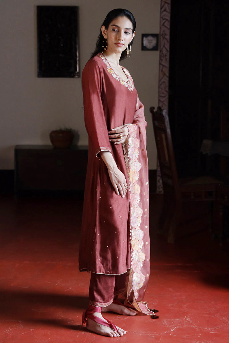 Women's Fired Brick Silk Embroidered Salwar Suit
