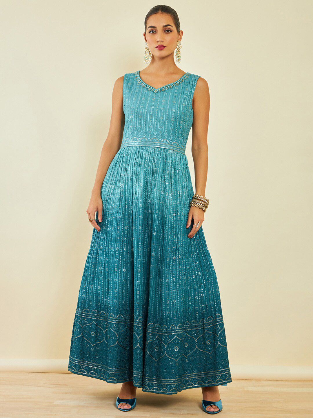 Dhiyona SO Women's Turquoise Blue Floral Embroidered Sequinned Anarkali Kurta With Churidar & Dupatta