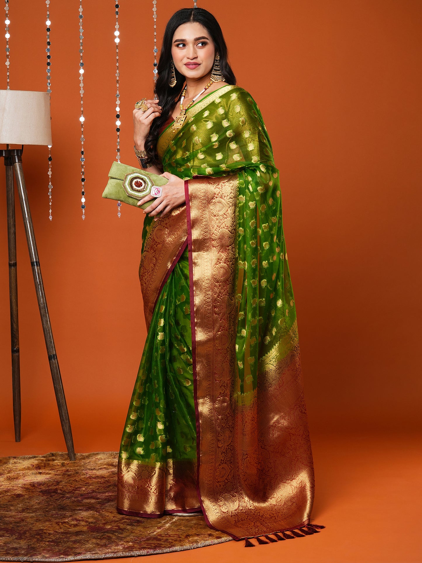 Women's Organza Green Woven Design Designer Saree With Blouse Piece