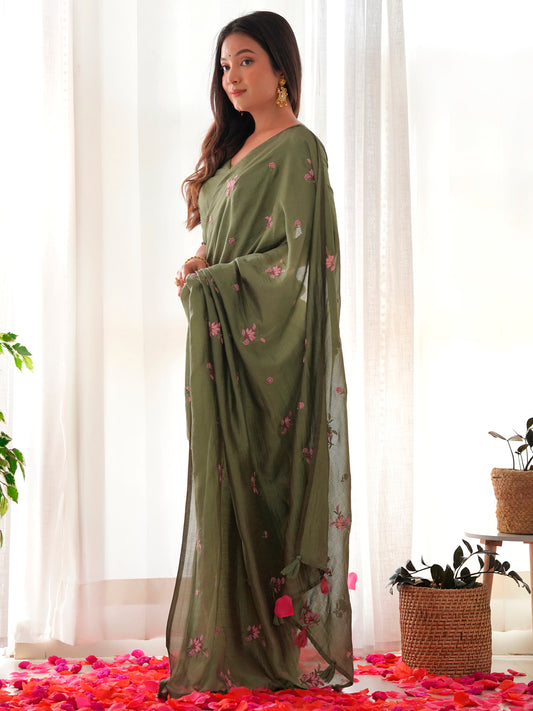 Women's Vichitra Silk Olive Embroidered Designer Saree With Blouse Piece