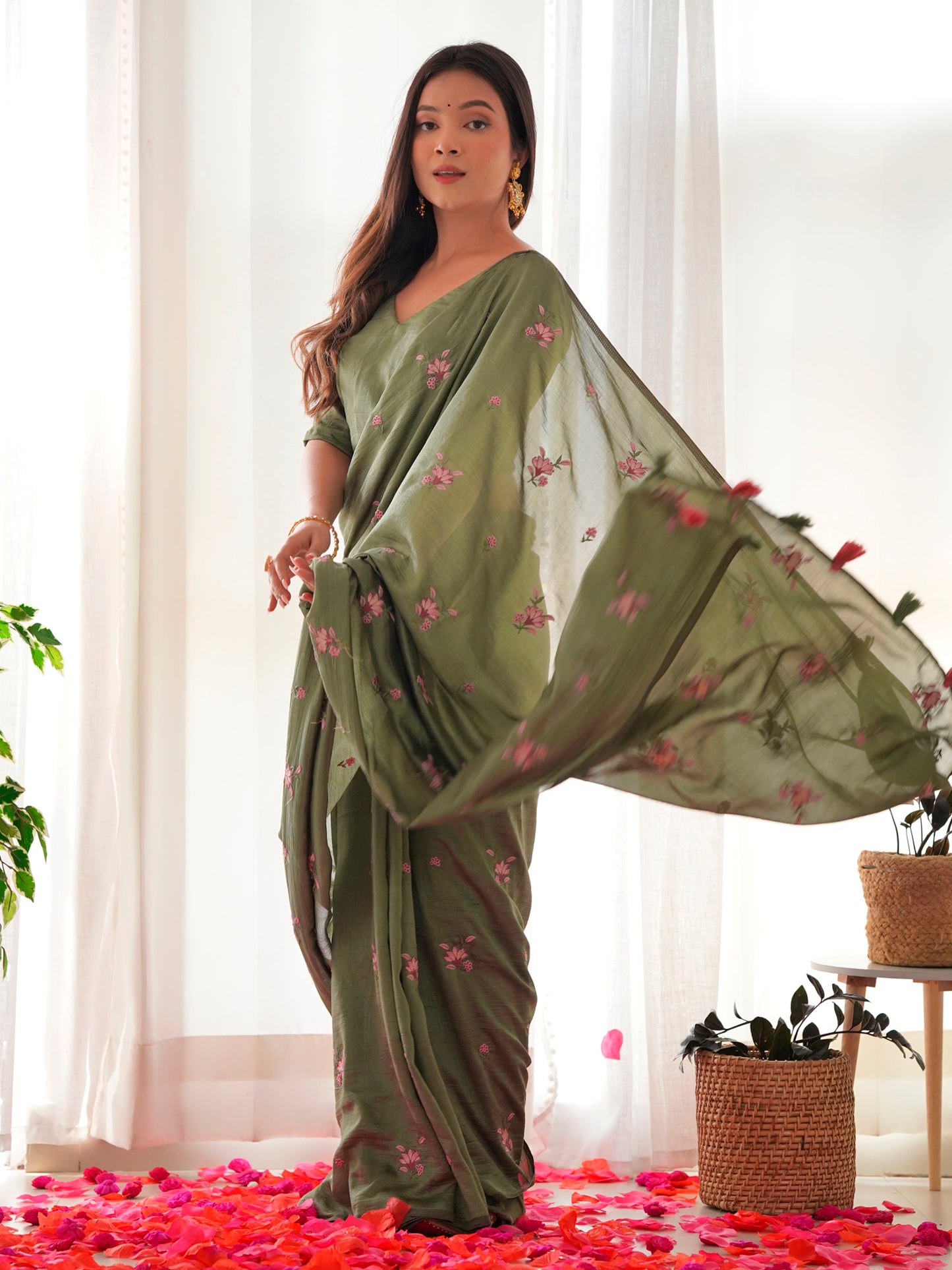 Women's Vichitra Silk Olive Embroidered Designer Saree With Blouse Piece