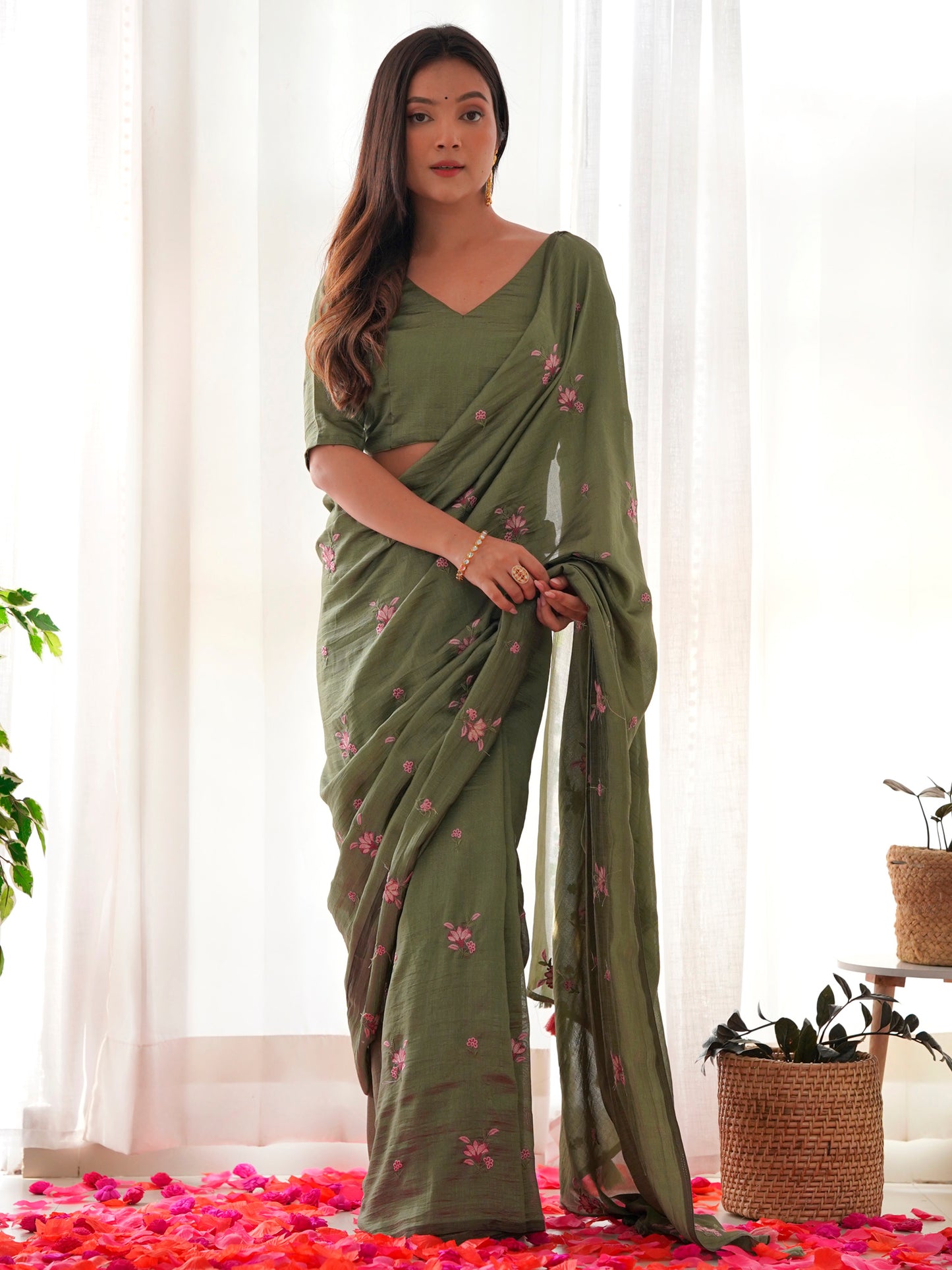 Women's Vichitra Silk Olive Embroidered Designer Saree With Blouse Piece