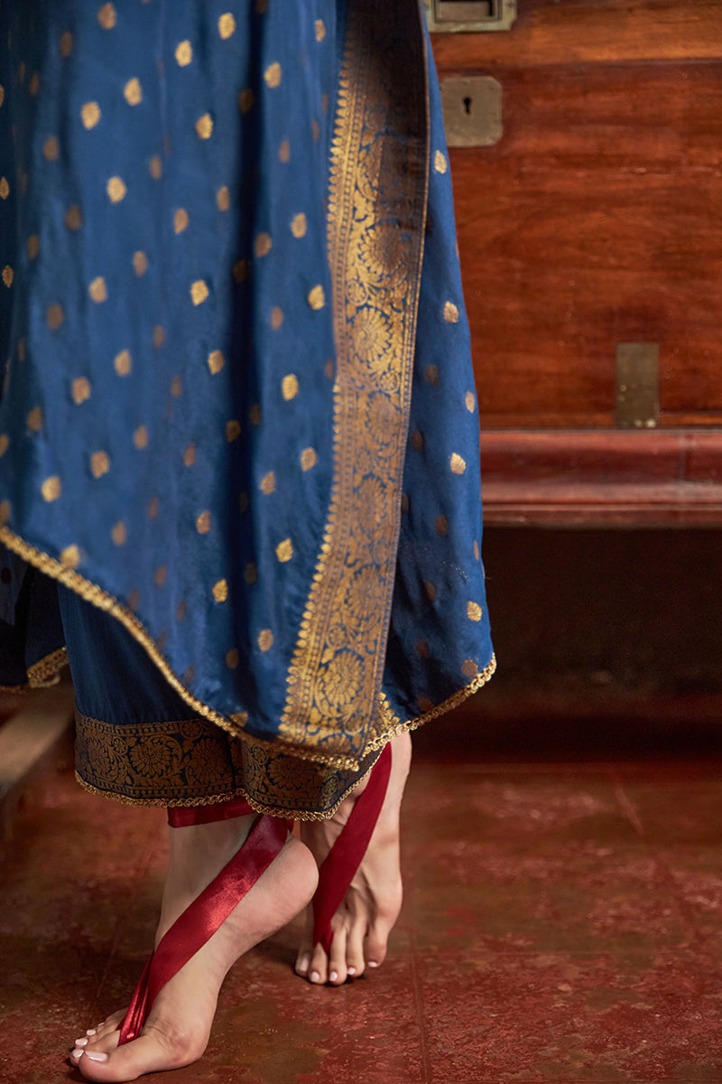 Women's Blue Opal Bemberg Chinon Silk Woven Kaftan Set