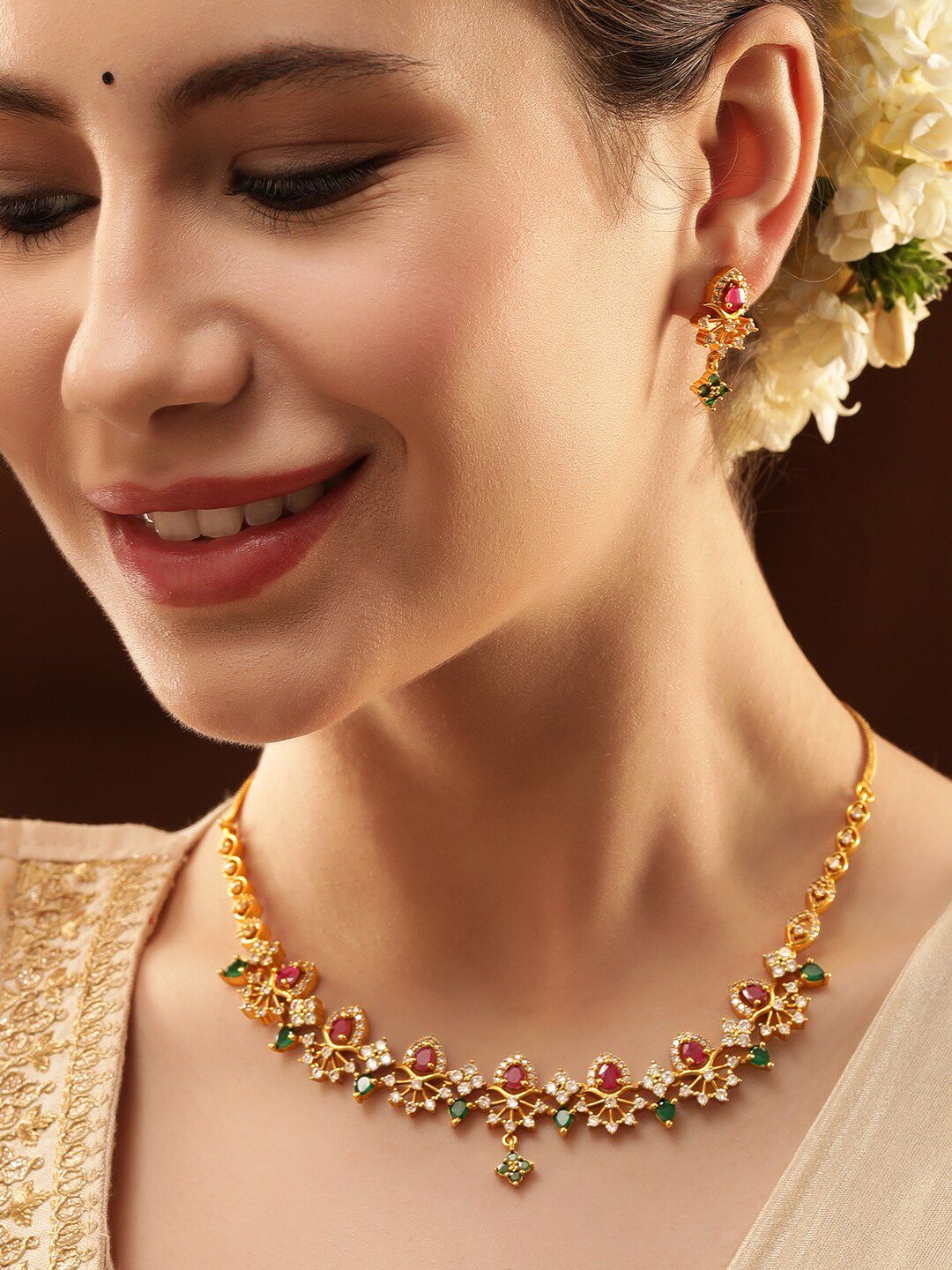 Dhiyona RJ Women's Gold-Plated CZ and Ruby & Emerald Studded Necklace Set