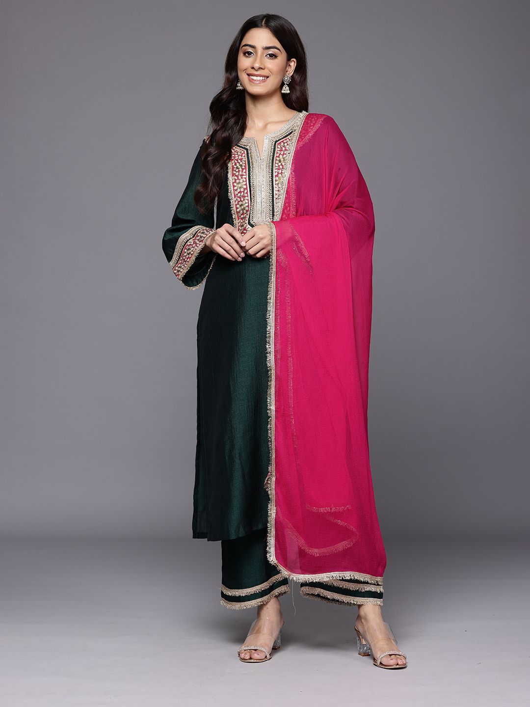 Dhiyona VA Women's Yoke Design Gotta Patti Kurta with Trousers & Dupatta
