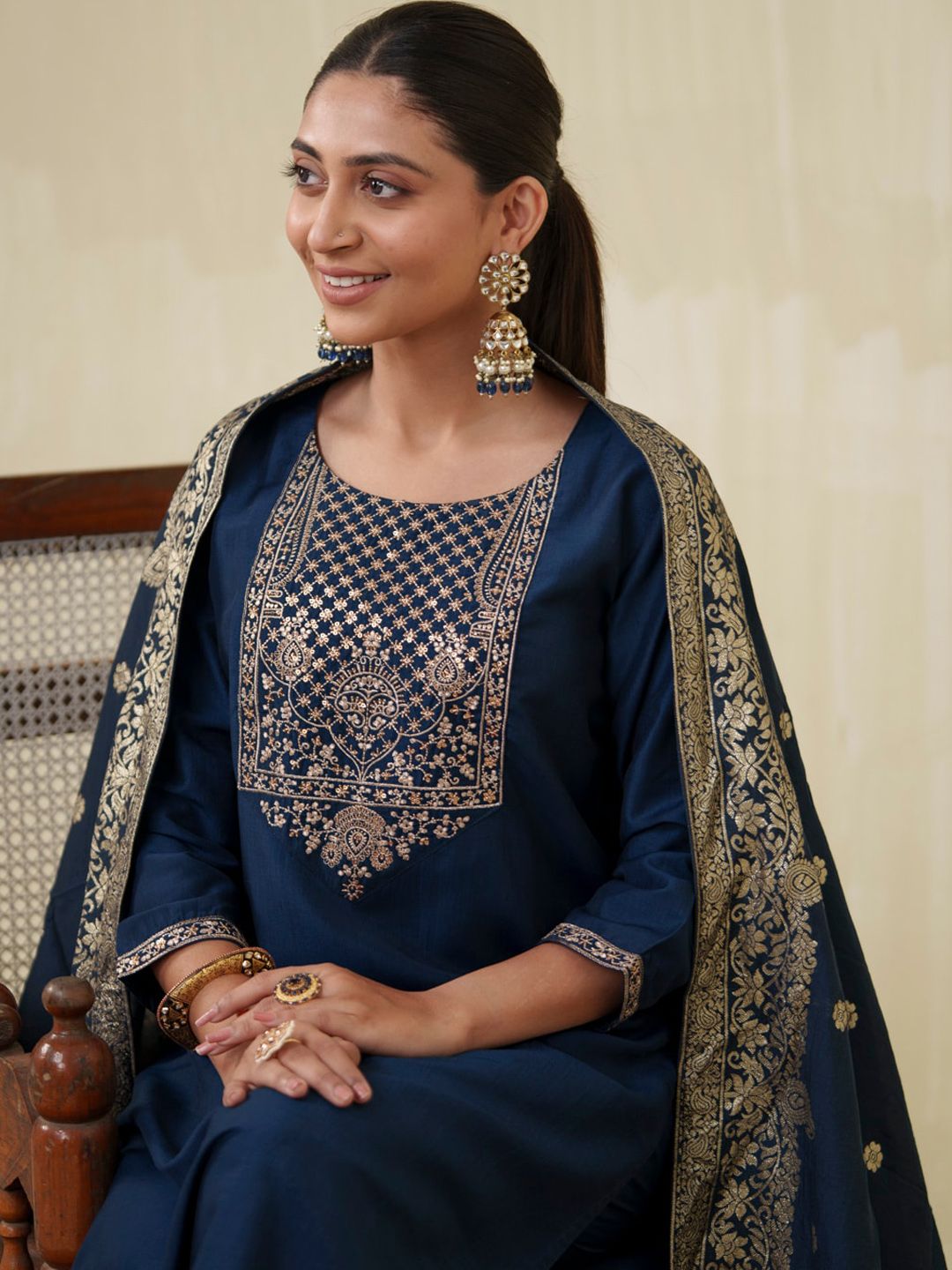 Dhiyona OD Ethnic Motifs Yoke Design Sequinned Kurta With Trousers & Dupatta