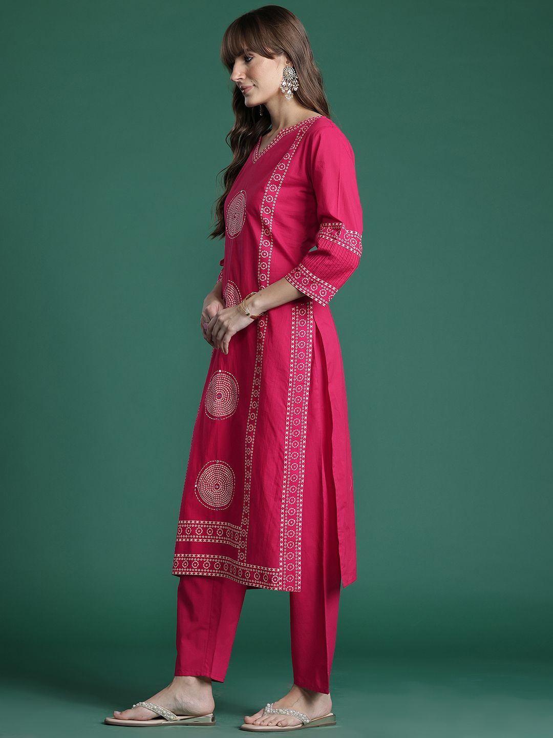Dhiyona IE Ethnic Motifs Printed Panelled Pure Cotton Kurta with Trousers & With Dupatta