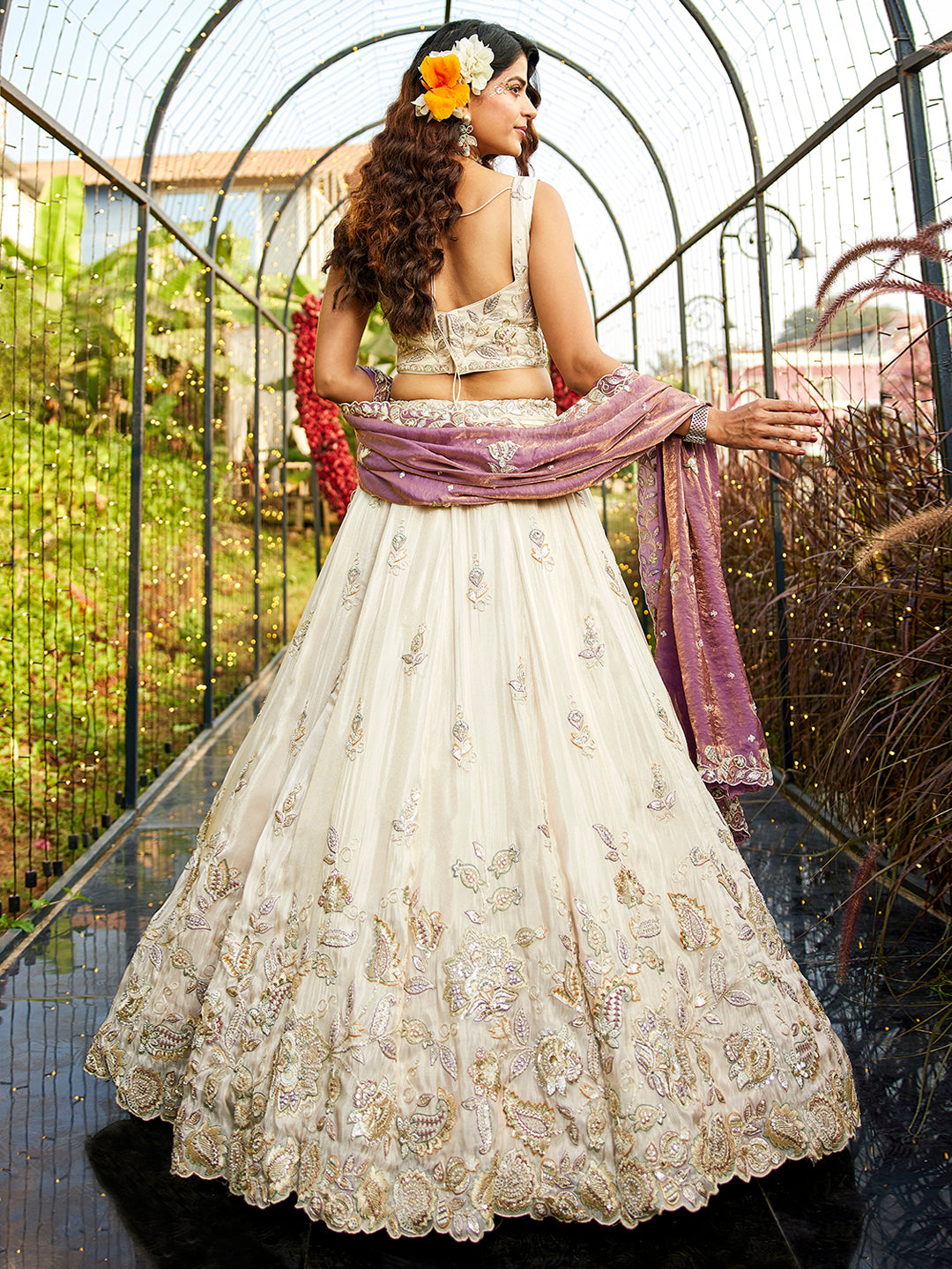 Women's Cream colour tissue Fabric with Sequinse & Thread embroidery Lehenga choli & Dupatta