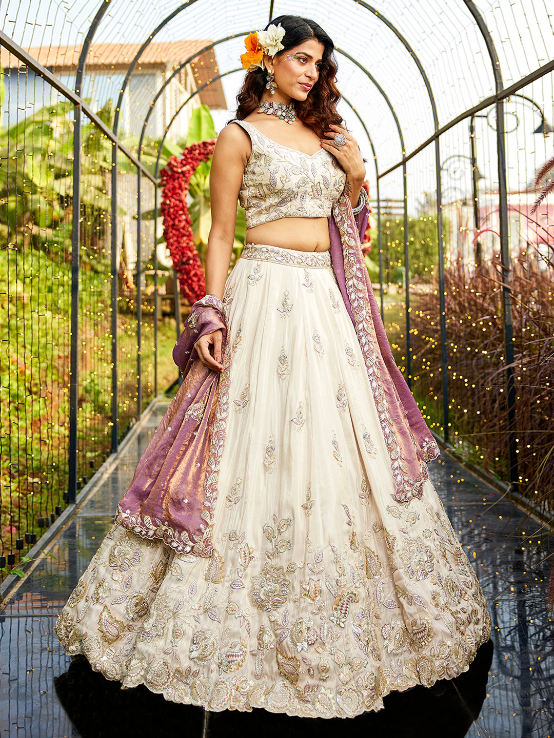 Women's Cream colour tissue Fabric with Sequinse & Thread embroidery Lehenga choli & Dupatta
