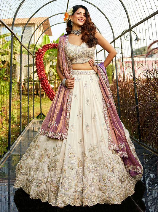 Women's Cream colour tissue Fabric with Sequinse & Thread embroidery Lehenga choli & Dupatta