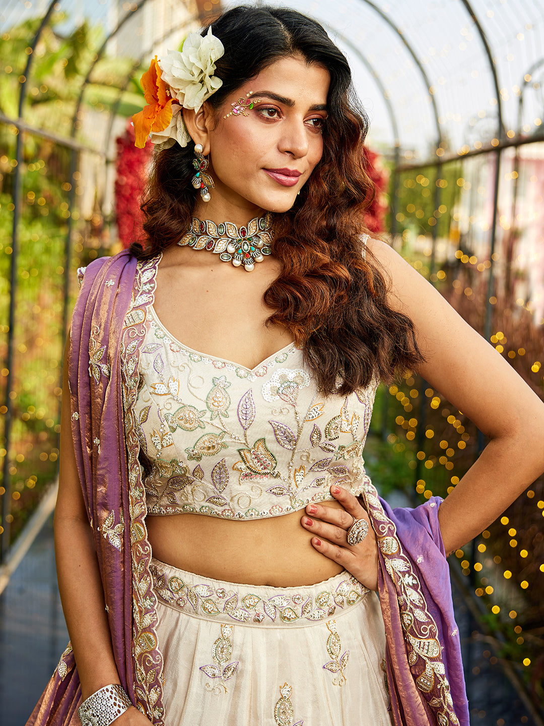 Women's Cream colour tissue Fabric with Sequinse & Thread embroidery Lehenga choli & Dupatta