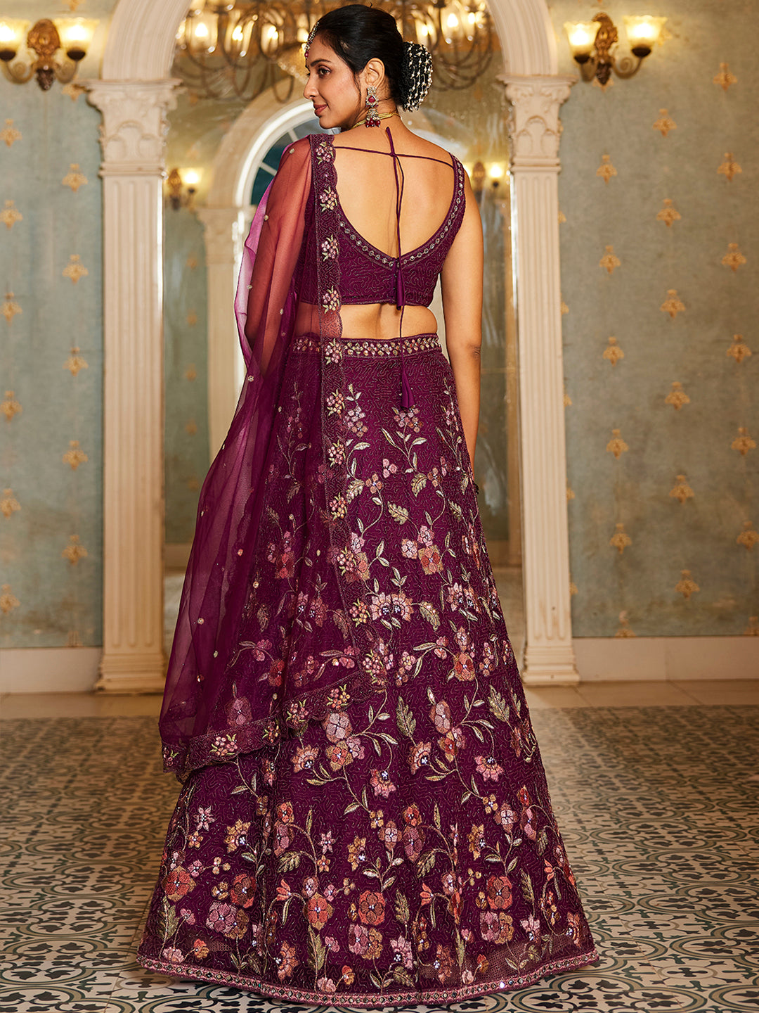 Burgundy net with Coding & Zarkan embroidery Lehenga choli & Dupatta