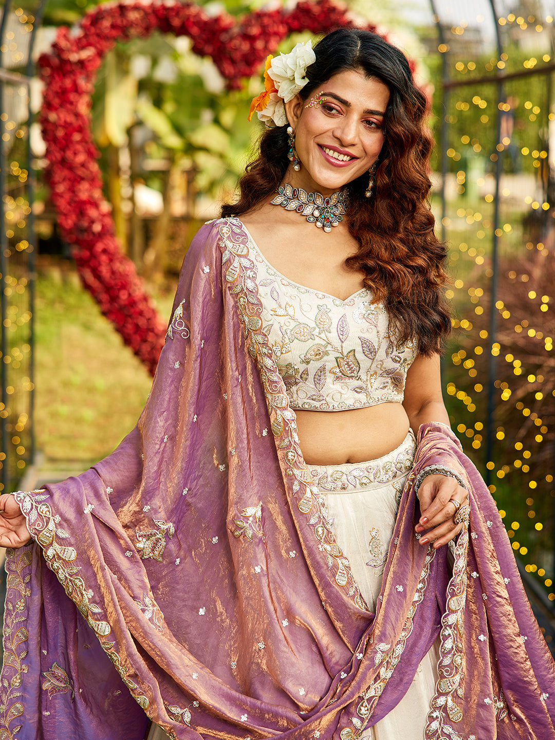 Women's Cream colour tissue Fabric with Sequinse & Thread embroidery Lehenga choli & Dupatta