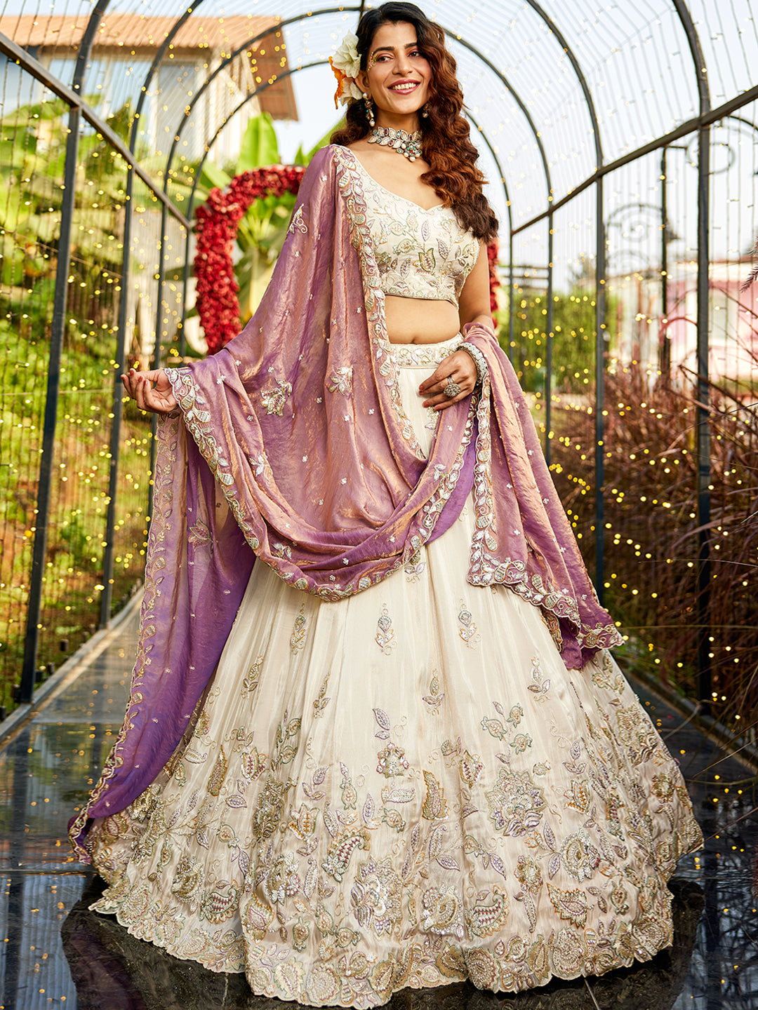Women's Cream colour tissue Fabric with Sequinse & Thread embroidery Lehenga choli & Dupatta